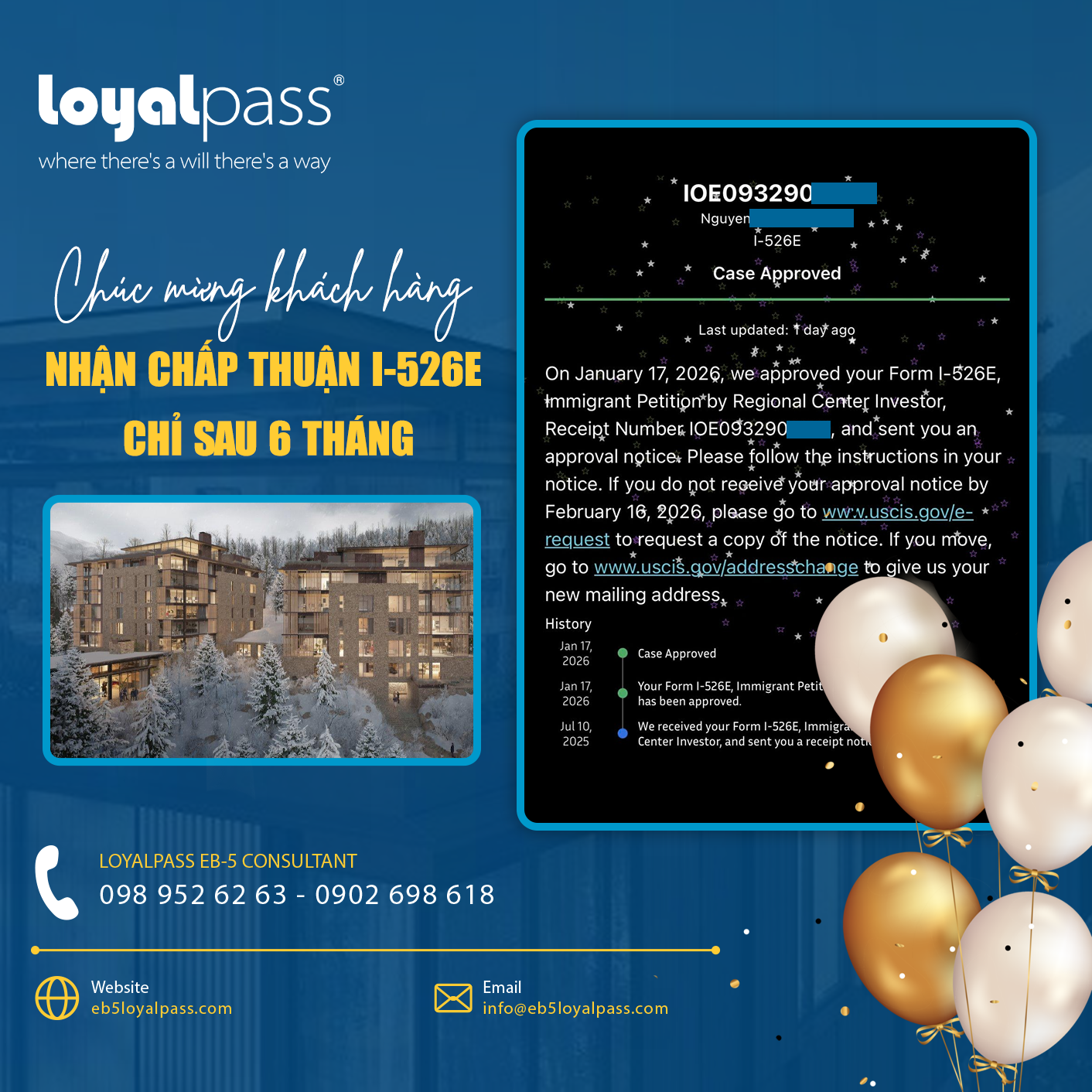 Chúc mừng khách hàng nhận chấp thuận I-526E chỉ sau 6 tháng xét duyệt - Dự án ưu tiên Four Seasons – Trung tâm Vùng CanAm